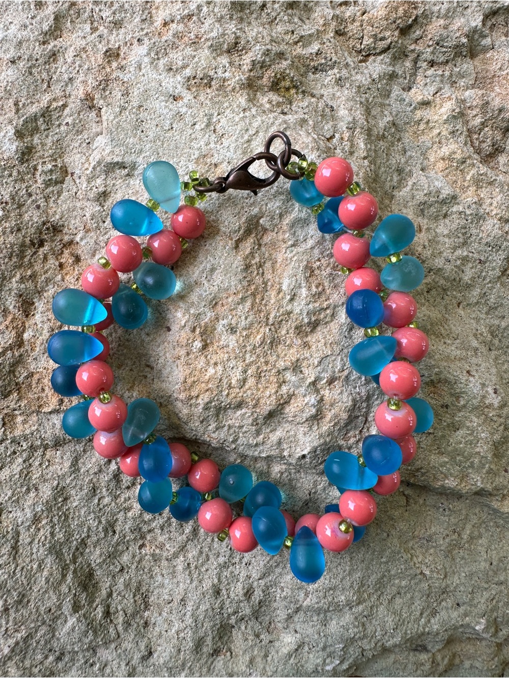 Handcrafted Retro Blue and Pink Beaded Bracelet